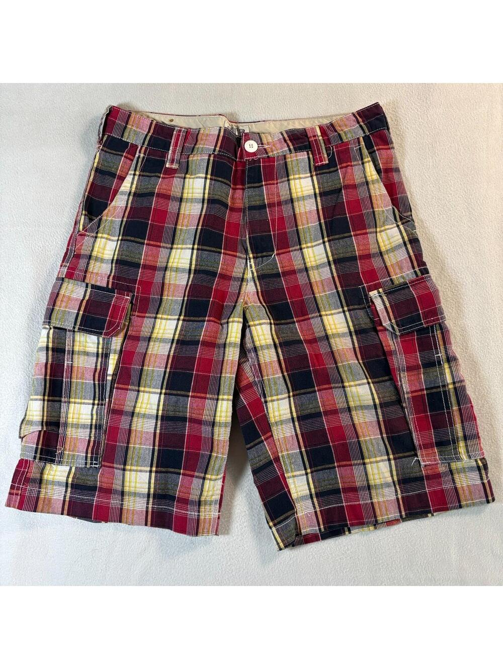 OTB Plaid Cargo Shorts Mens 32 Fits Like 32 Red Madras Y2K Skate Utility Pockets
